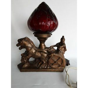 RARE Vtg Roman Gladiator Chariot Lamp Brown Patina Cast Iron Red Shade chip